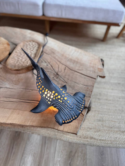 Handmade ceramic shark lamps collection featuring white shark, whale shark, and hammerhead shark lamps by KUST Ceramics