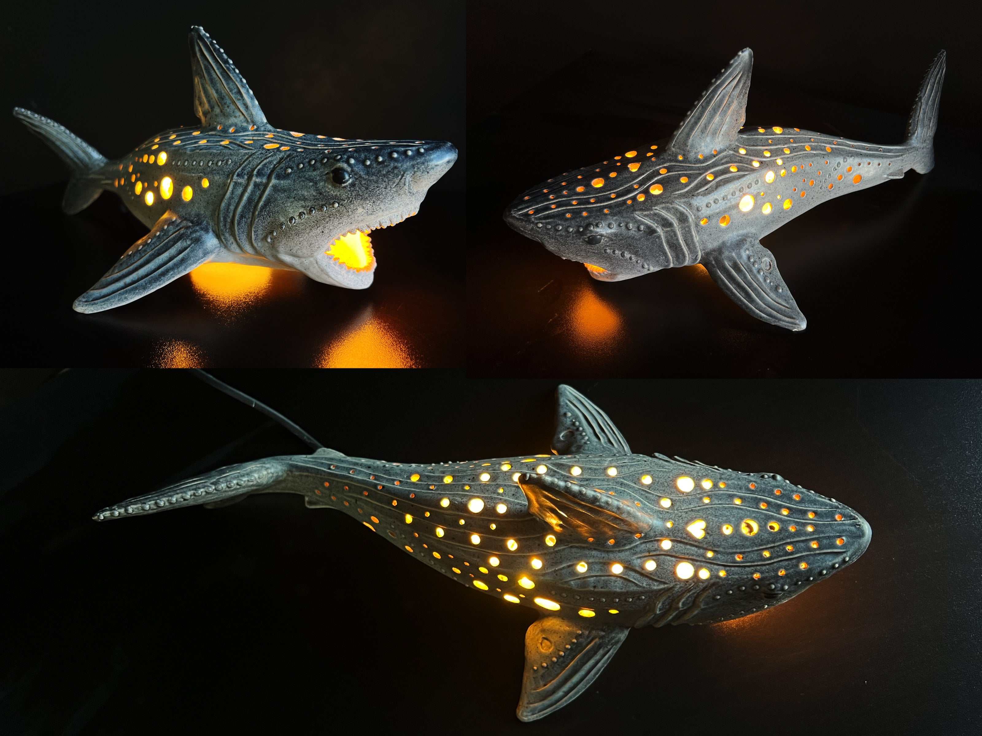 Three views of a shark-shaped night light with glowing interior on a dark background
