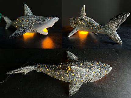 Shark-shaped night light with glowing interior on a dark surface