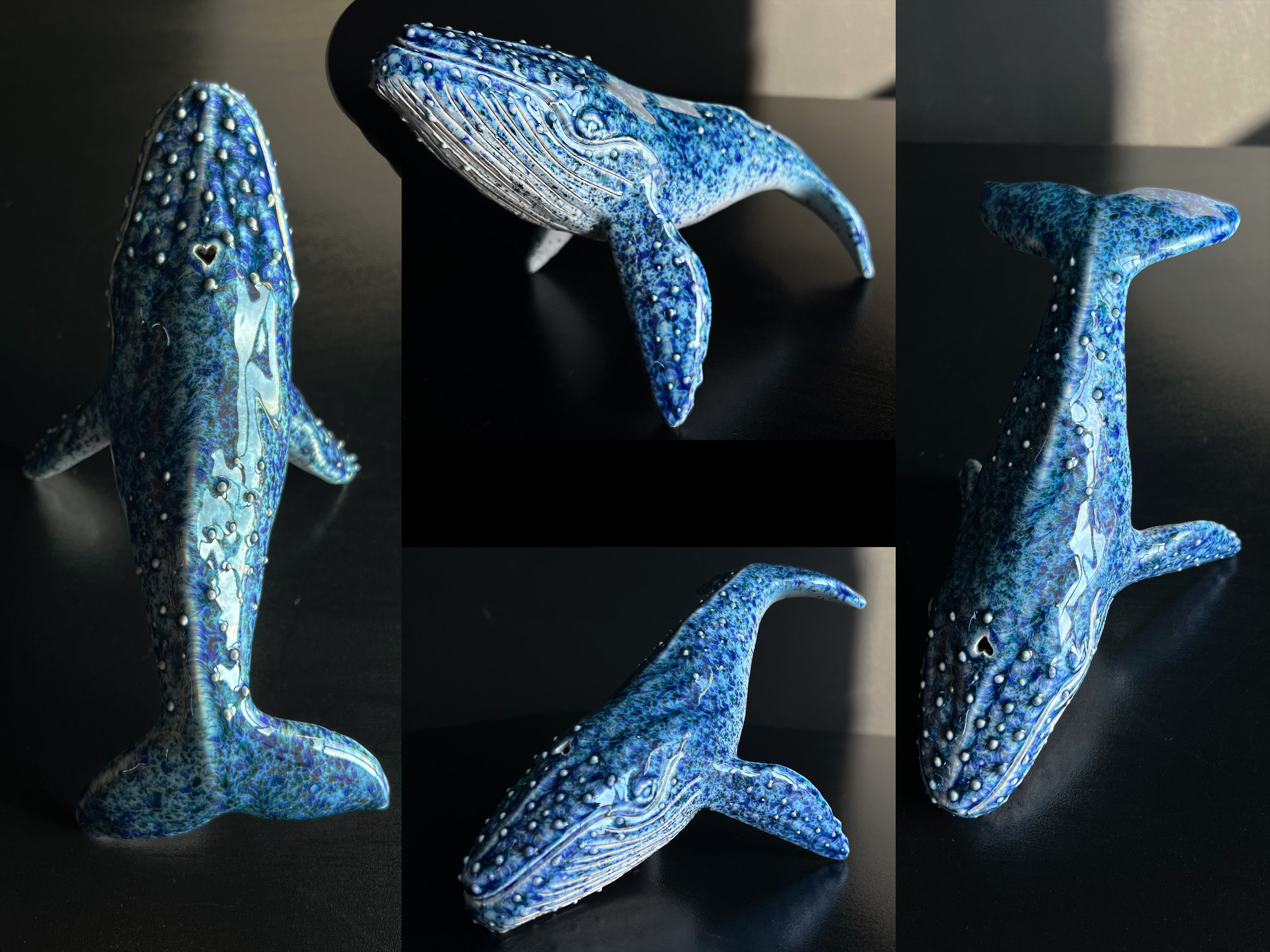 Collage of a blue whale figurine on a black background
