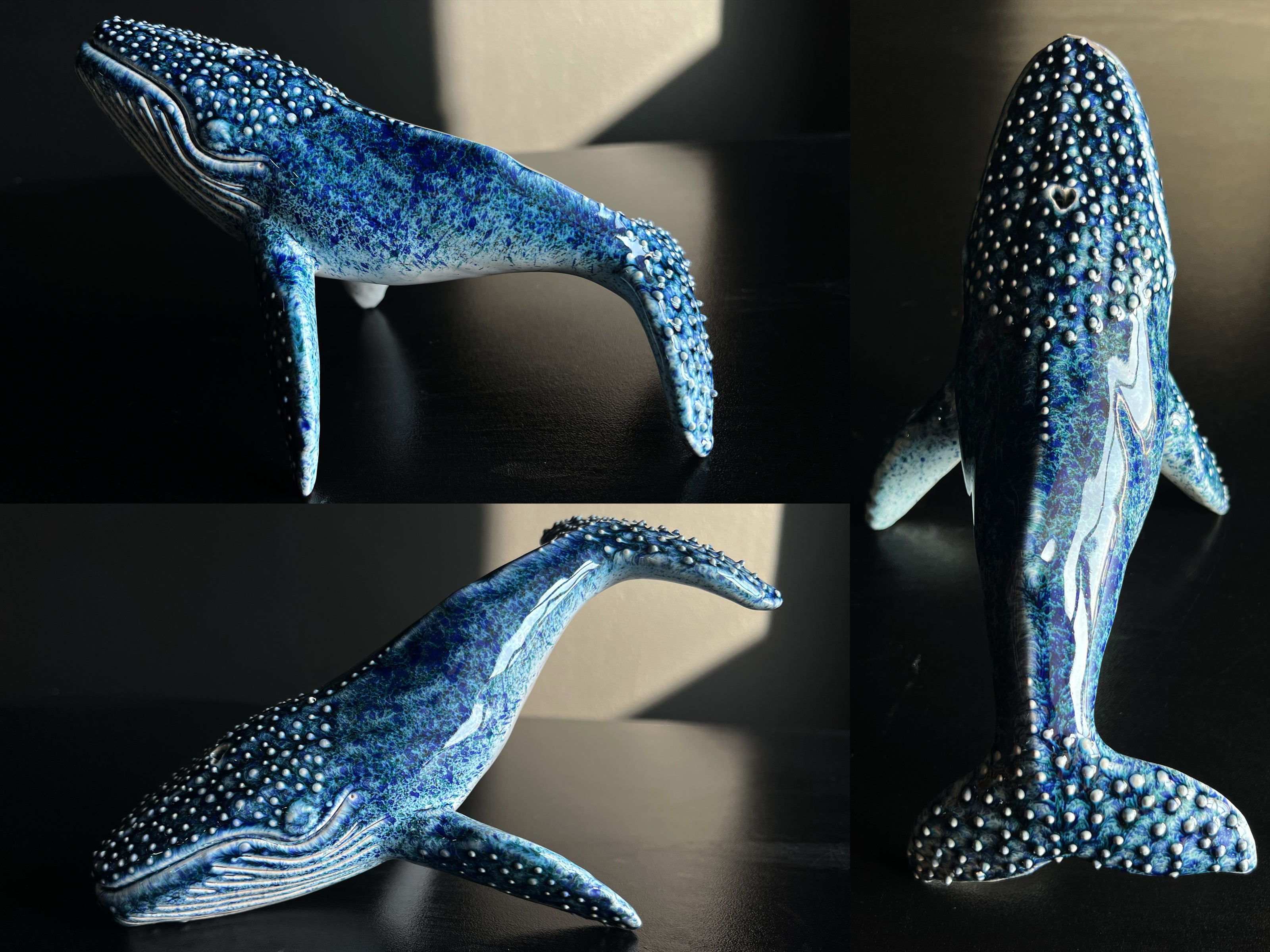 Collage of a blue whale figurine with rhinestone embellishments on a dark surface.