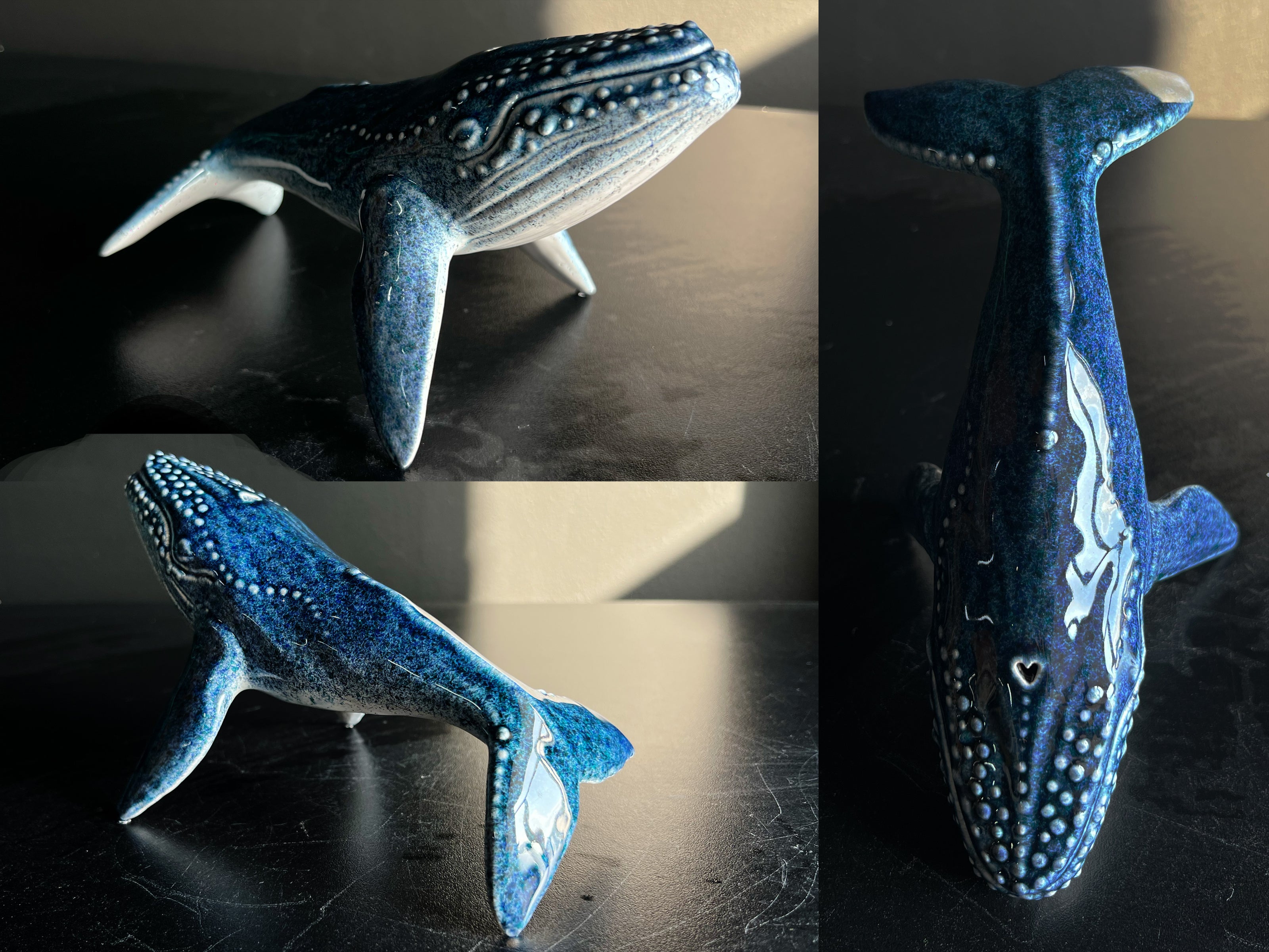 Collage of a blue whale figurine on a dark surface