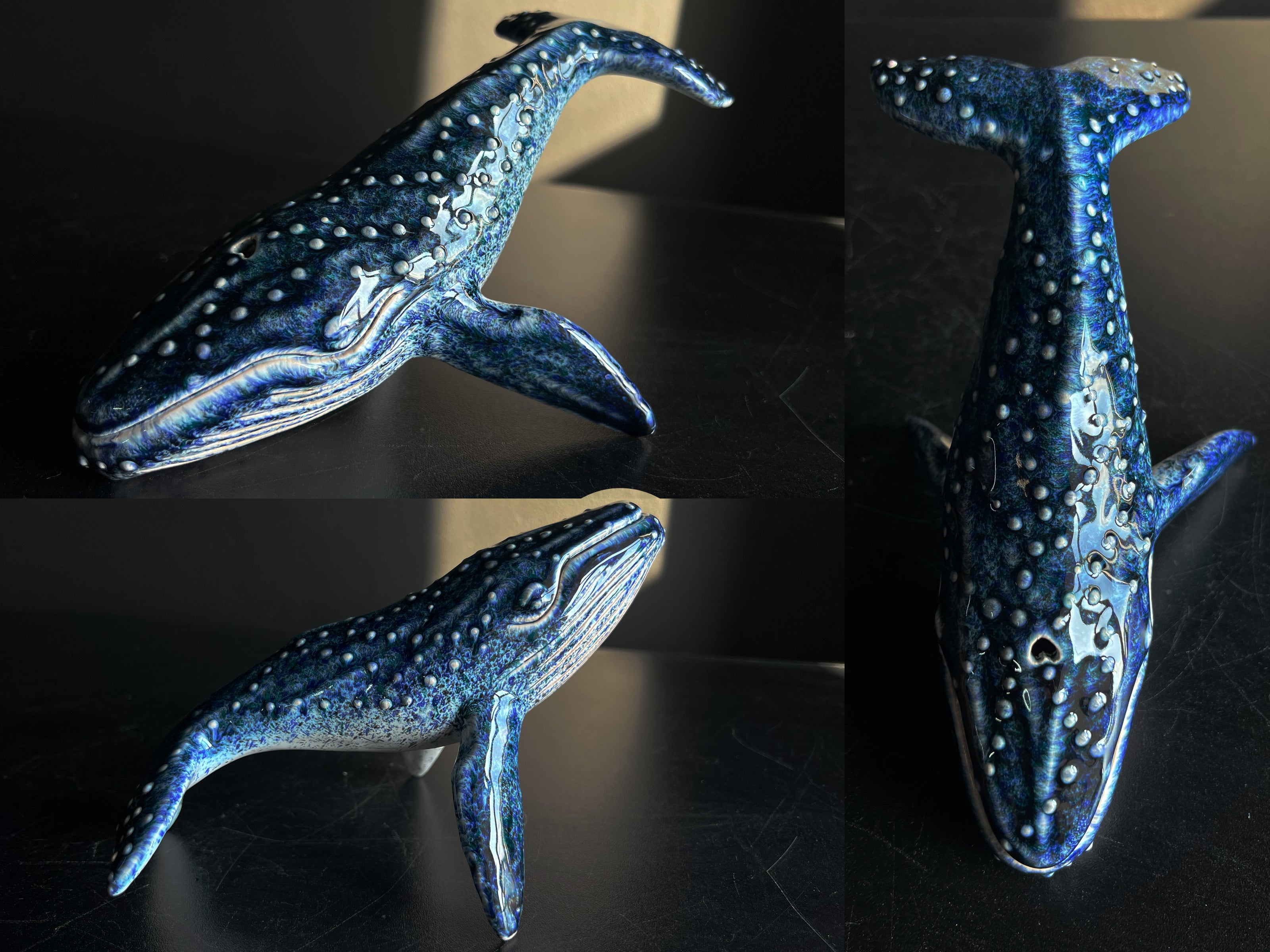 Collage of a blue whale figurine on a dark surface