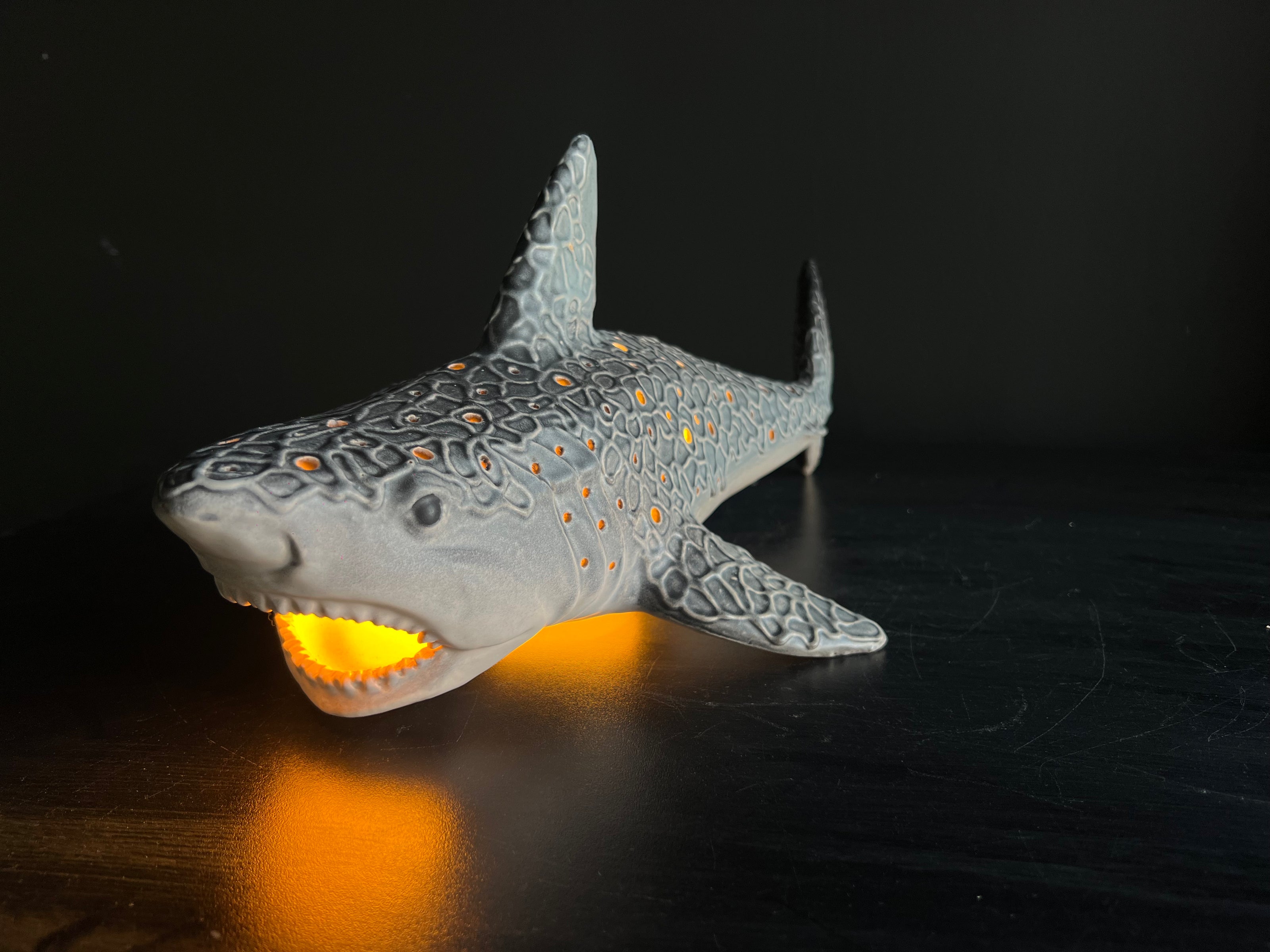 Shark-shaped lamp with glowing interior on a dark background