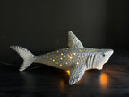 Shark-shaped night light with glowing interior on a dark background