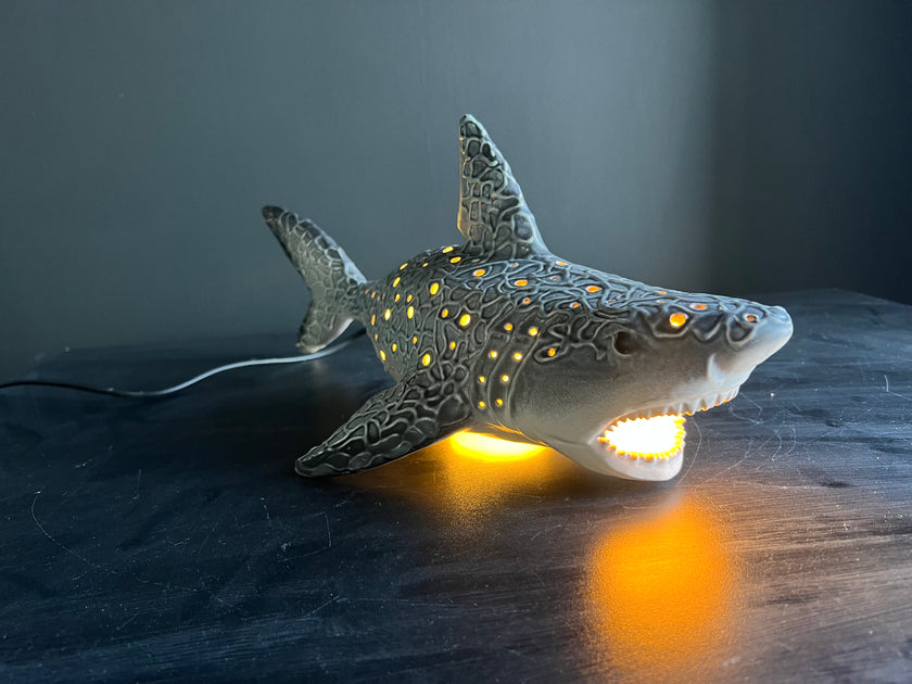 Shark-shaped lamp with glowing interior on a dark surface