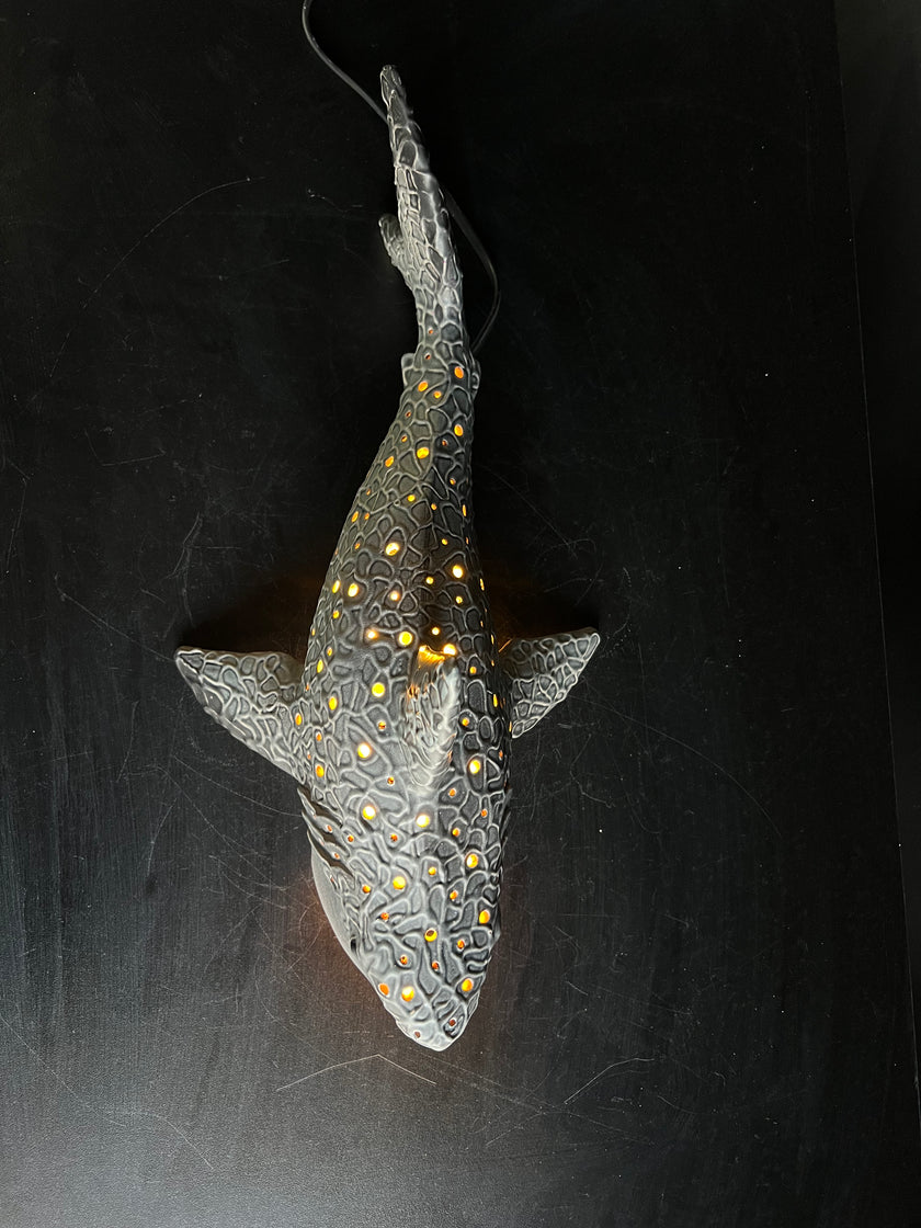 Decorative shark ornament with a dark background